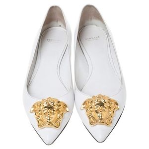 Versace White Leather Medusa Pointed Toe Ballet